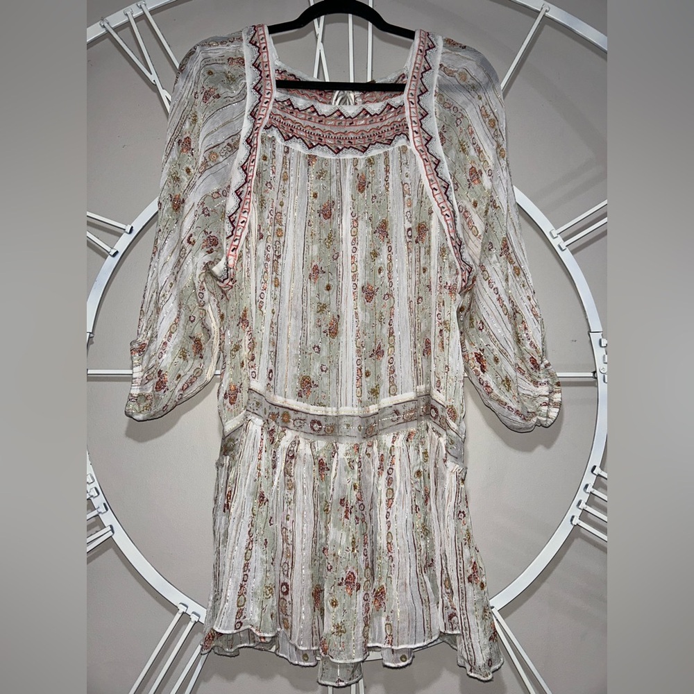 Free People Dance Magic Sheer Embroidered Boho Tunic Top in Ivory Combo Colorway